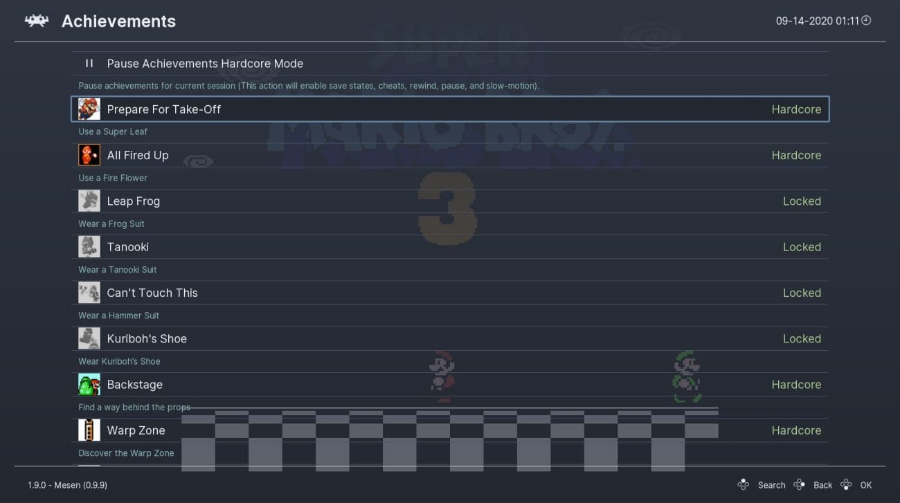 Exemplo do multi emulador Retroarch mostrando as conquistas do game Super Mario Bros 3