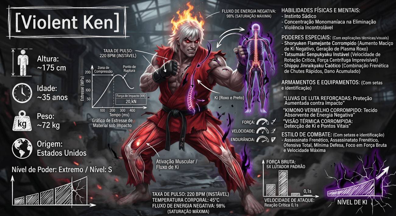 Ficha técnica do Violent Ken, a versão do Ken quando teve lavagem cerebral e foi "contaminado" pelo Psicho Power de M. Bison.