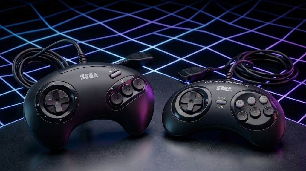O da esquerda era o console clássico que vinha com o console, e mais adiante a versão com 6 botões que ajudava muito nos Street Fighters da vida.